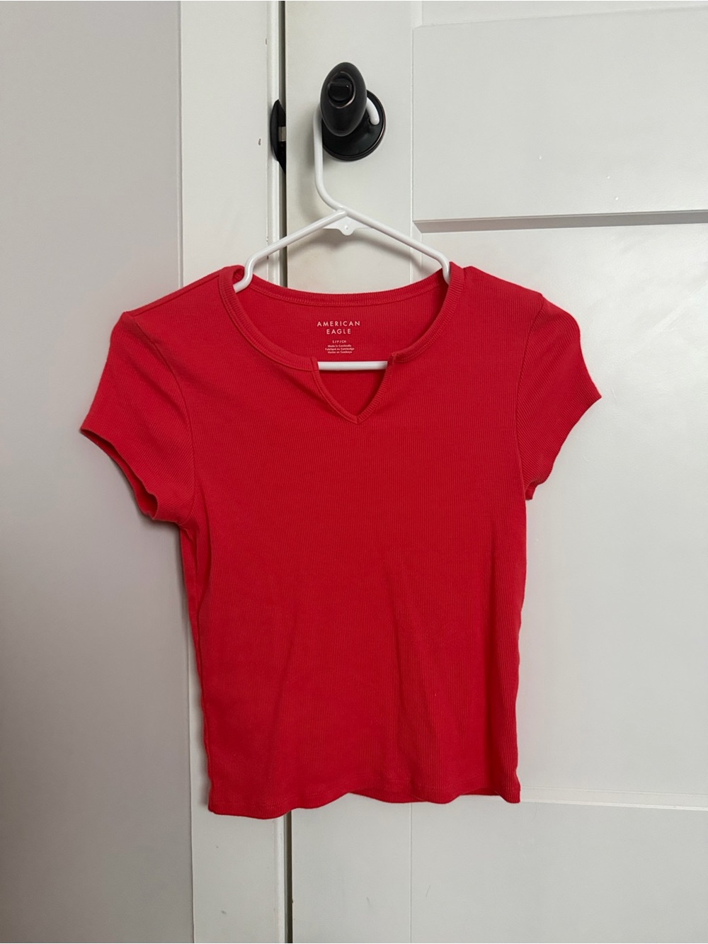 American Eagle Outfitters Red Ribbed Short Sleeve Top with Notch Neck